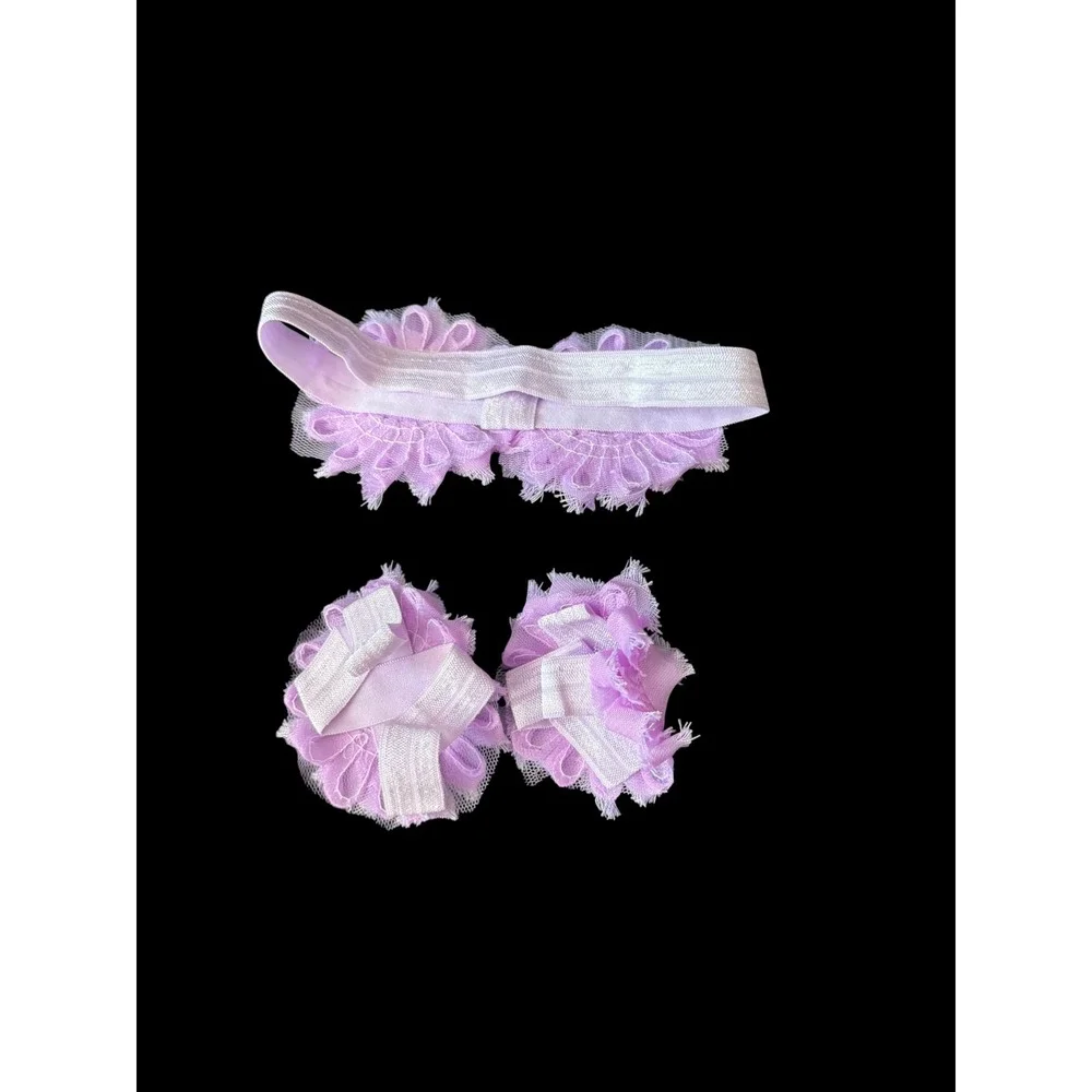 Baby Girl Purple Floral Headband Barefoot Sandals 3 Piece Flower Accessory Set